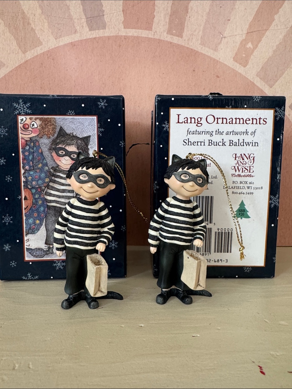Lang and Wise Ornament 1998 Masked Cat in box Halloween trick-or-treat (Set of 2